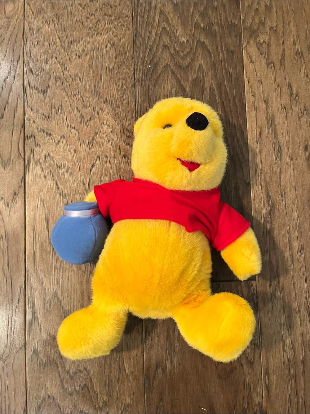 Plush Yellow Winnie Pooh Bear with Red Shirt and Blue Honey Pot - Kids plushie